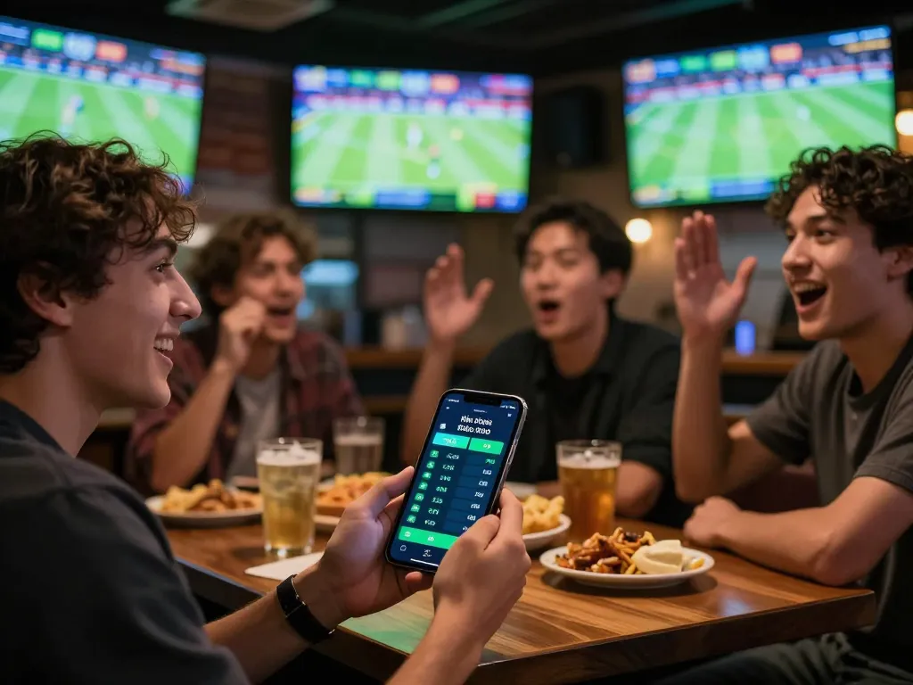 Kèo nhà cái displayed on smartphone as friends engage in thrilling sports betting at a bustling bar.