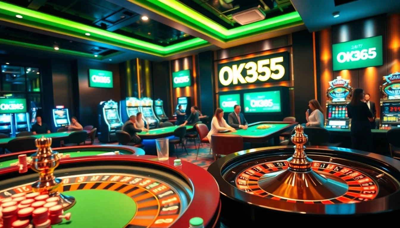 Gamble at OK365 with vibrant casino tables, exciting games, and poker chips in a lively atmosphere.