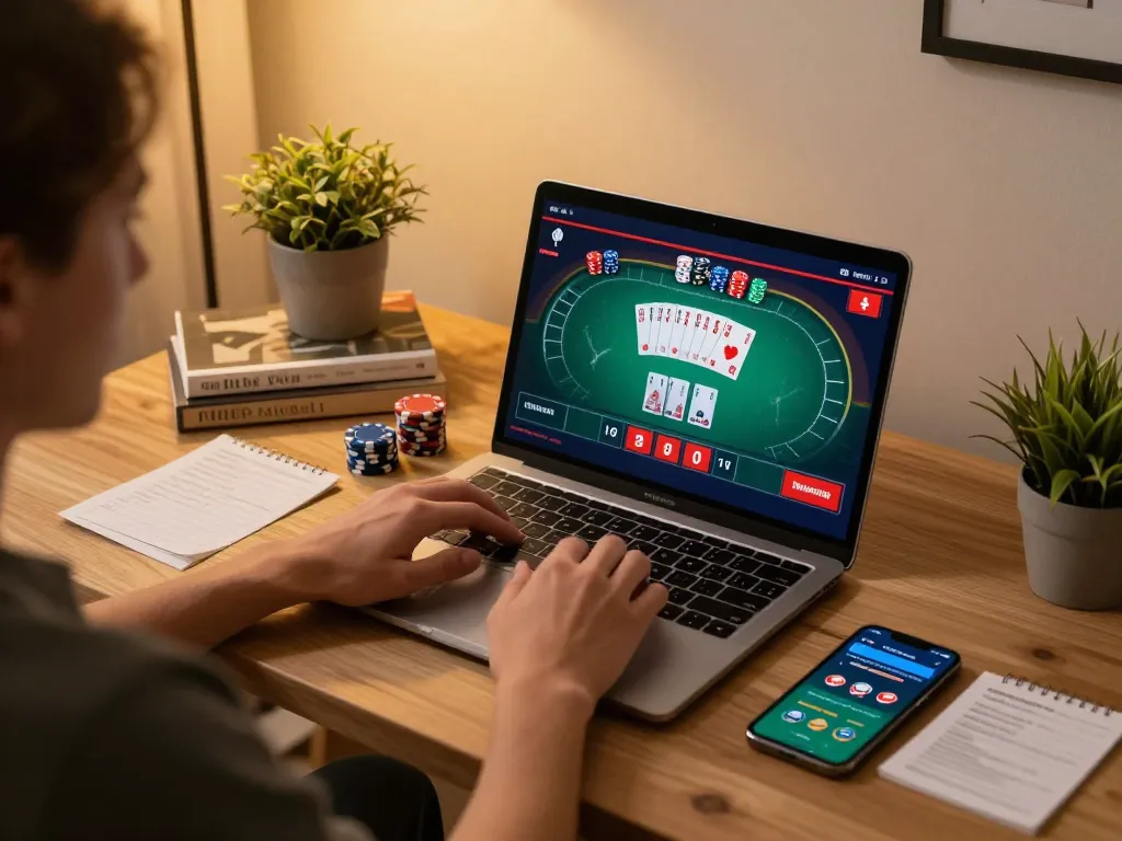 Player engaging in poker on sunwingo’s online platform with warm home office atmosphere