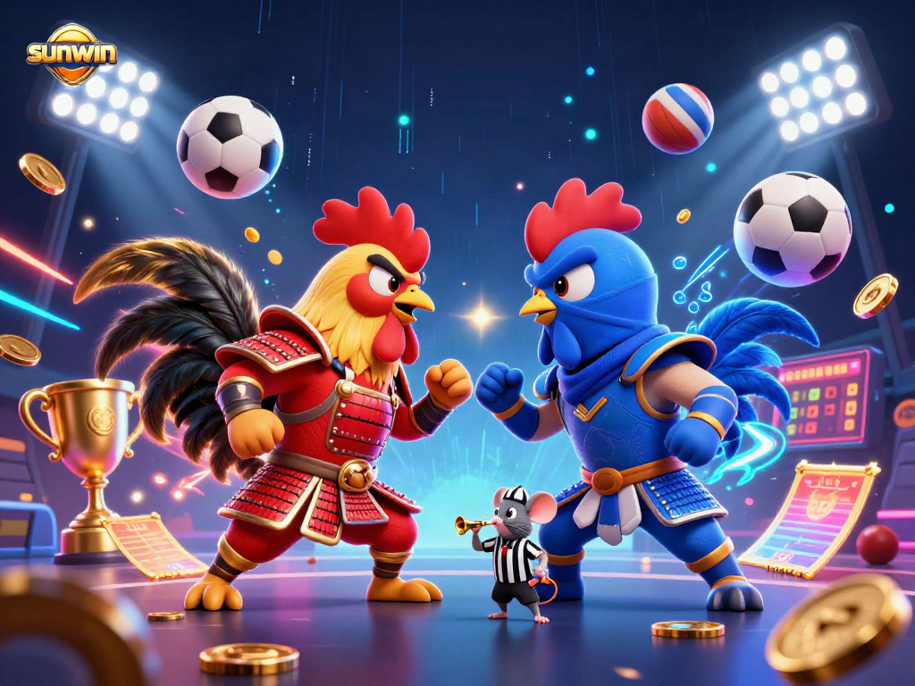 Experience thrilling action with sunwin as fighting roosters clash in this dynamic digital illustration.