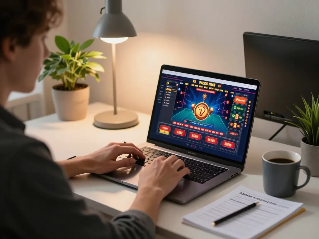 Engaging in responsible gaming at home with fc88, a focused individual using a laptop for exciting online casino gameplay.