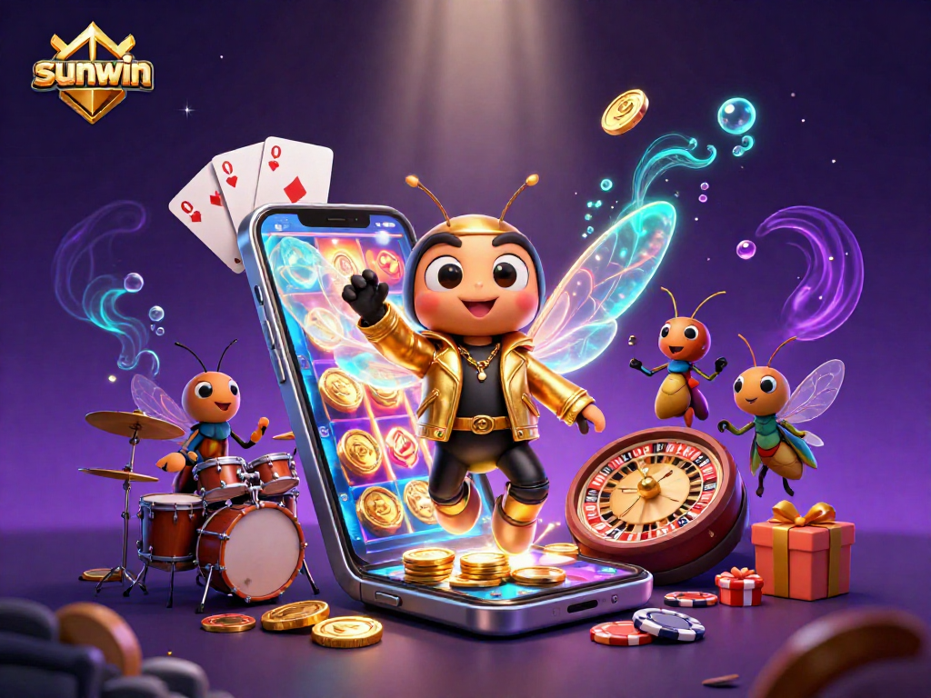 Experience thrilling gaming at sunwin with a vibrant scene of characters and casino games.