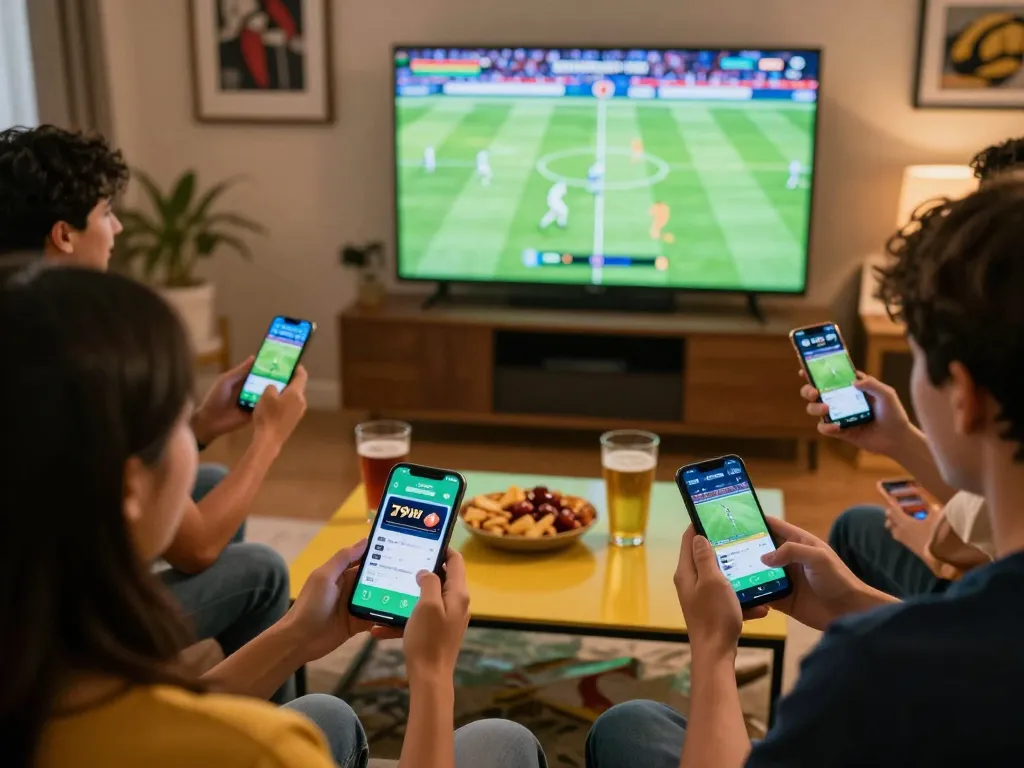 Friends enjoying live sports betting on the 79win app during a game, creating an exciting atmosphere