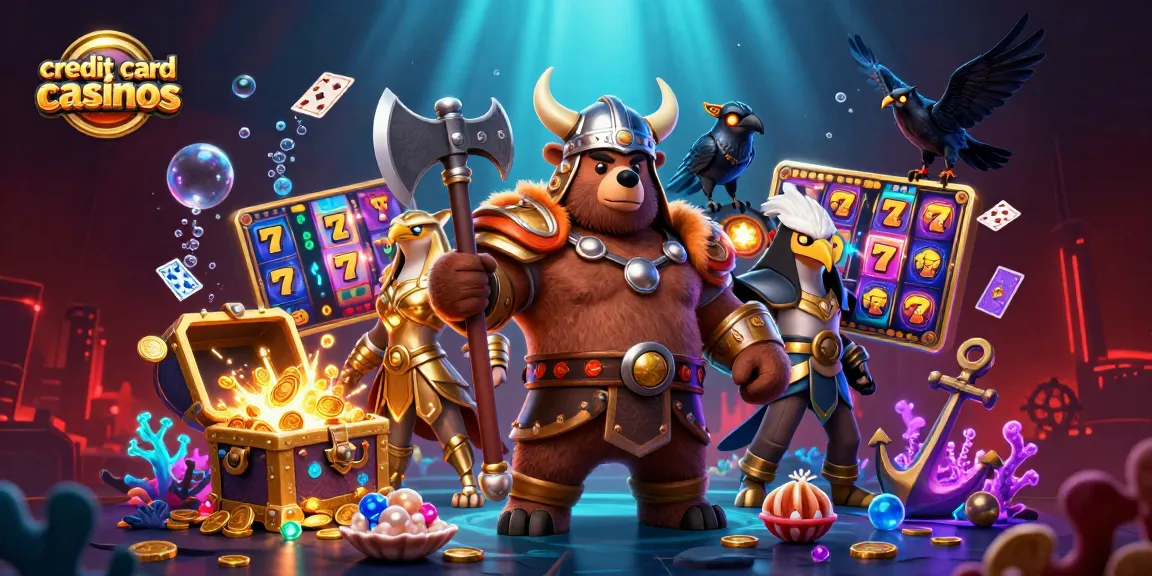 Engaging scene of credit card casinos with Viking and eagle characters amidst vibrant casino-themed elements.