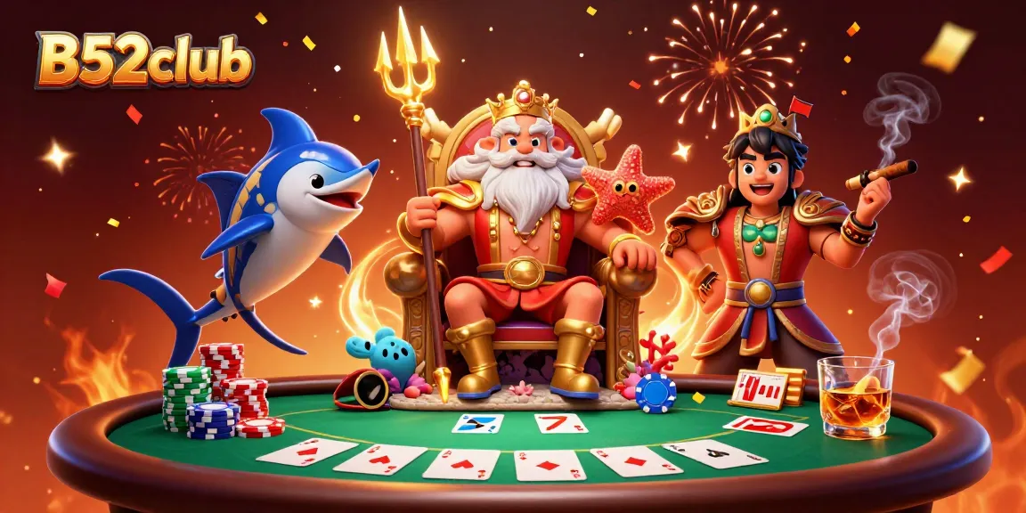 B52club players engage in vibrant poker games with cartoon Neptune and samurai in a festive scene.