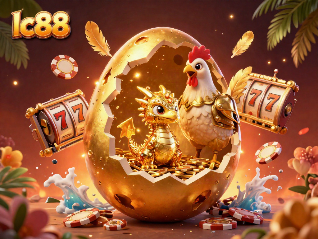 Engage with lc88's thrilling casino ambiance through a dynamic 3D illustration of a golden dragon and slot reels.