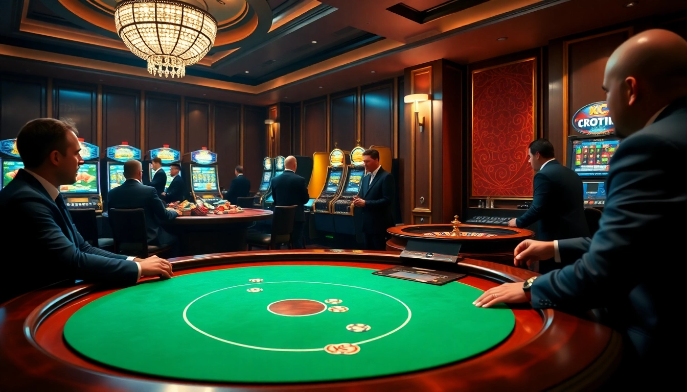 KJC enhances the luxury gaming experience at a vibrant casino with poker, roulette, and slot machines.