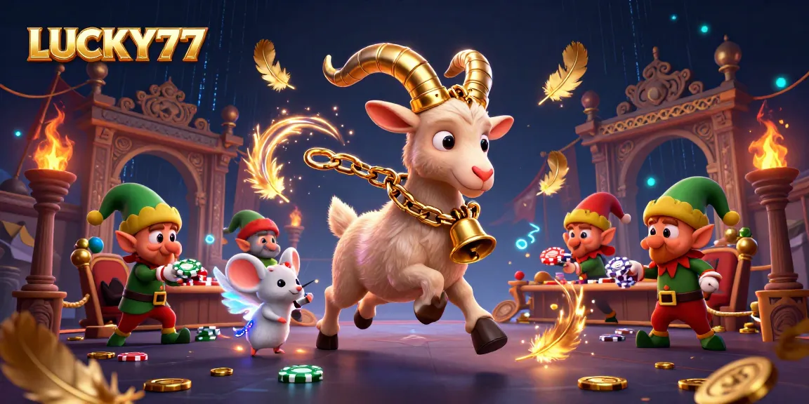 Engage with LUCKY77's thrilling casino scene featuring festive characters in a dynamic gaming environment.