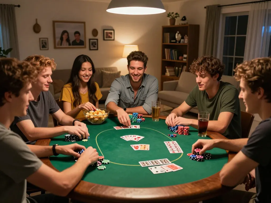 Friends experiencing the thrill of home poker night at the hit club.