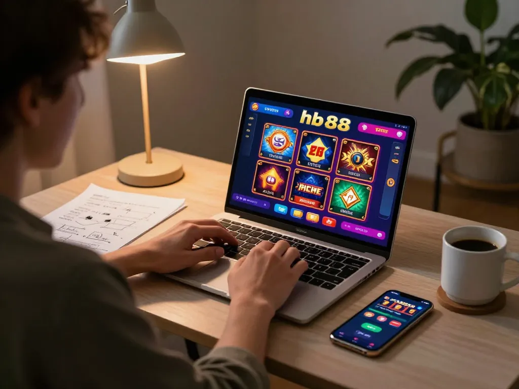 Player engaging with hb88 free online casino on laptop with strategy notes in cozy home setup
