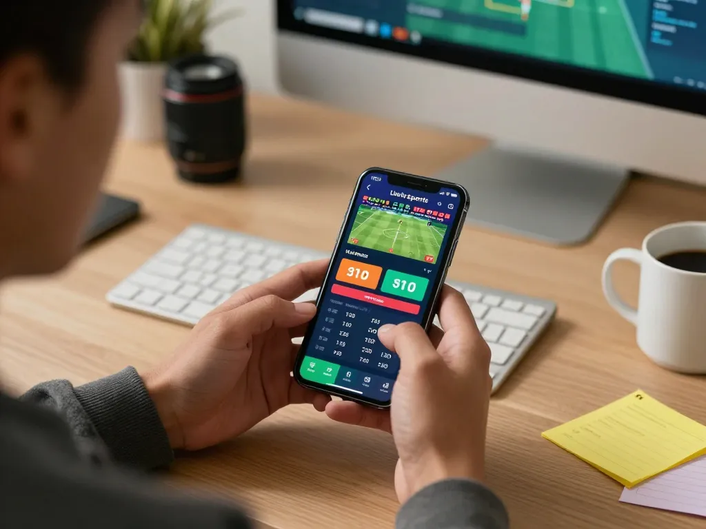 Engaging in live betting on kuwin app with smartphone showing sports odds and updates.