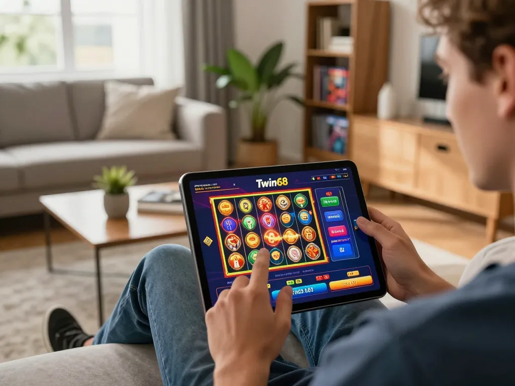 Player exploring exciting games on the Twin68 app in a cozy living room, showcasing online gambling.