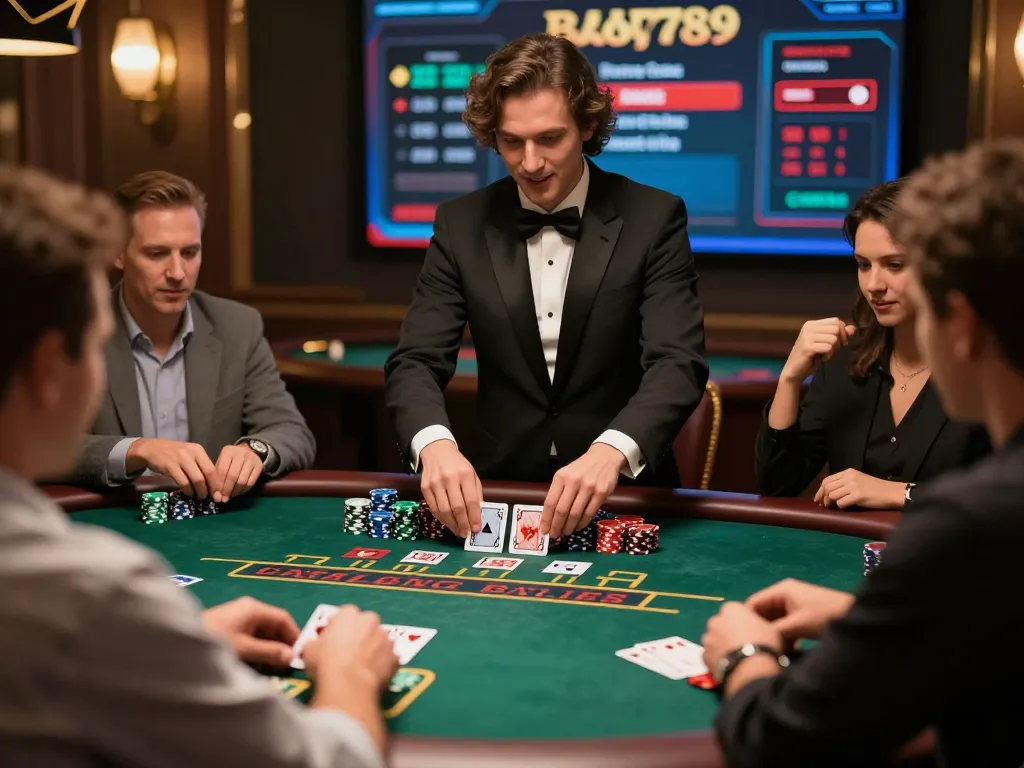 Players at Bay789 online casino enjoying an exciting live blackjack game with expressive reactions and strategic gameplay.