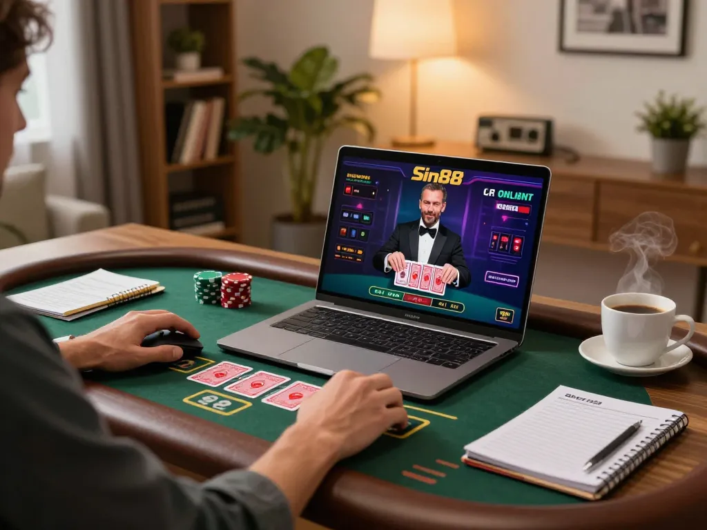 Engaging player enjoying live dealer blackjack at Sin88 from a cozy home setup while strategizing.