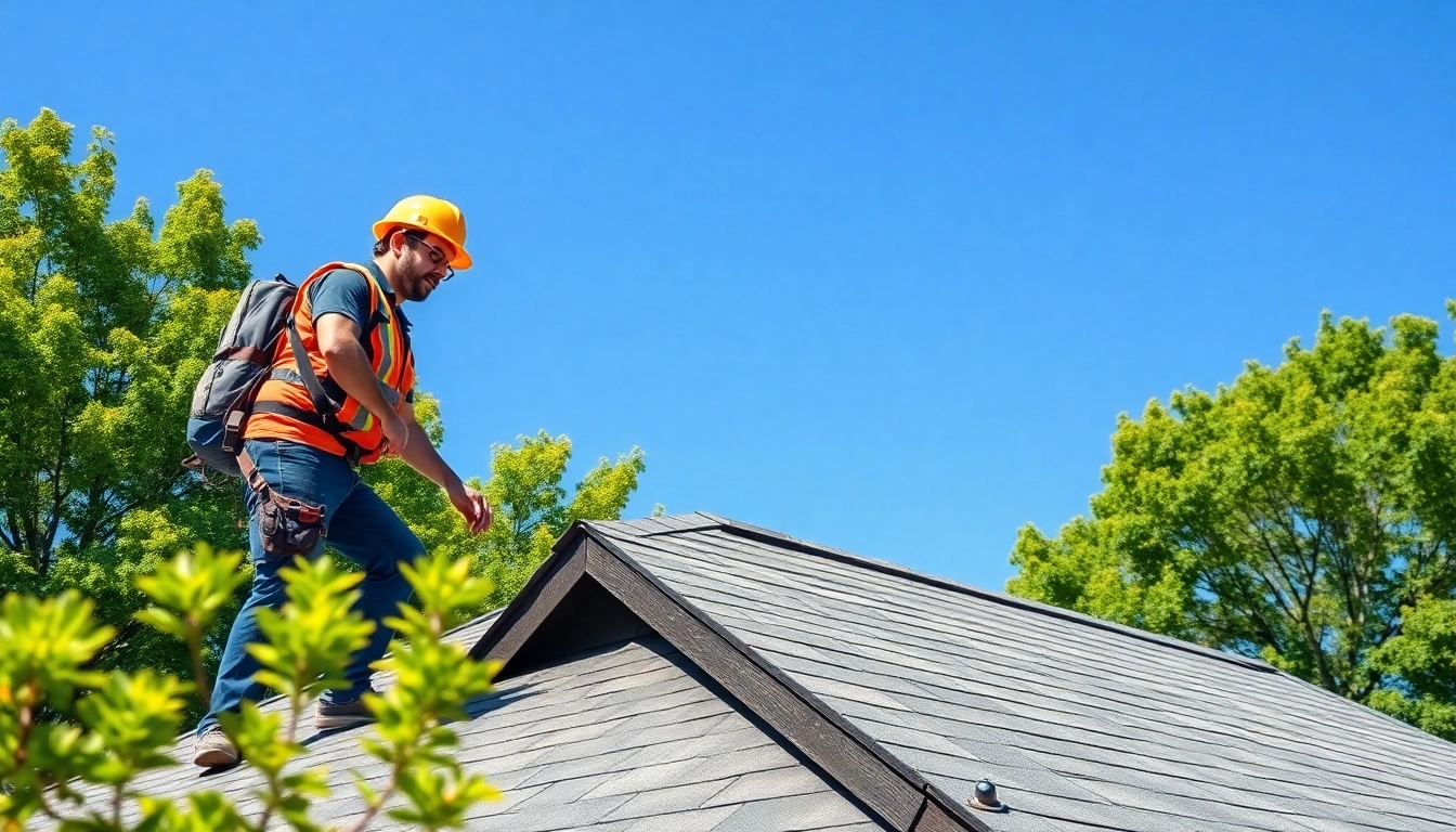 Roofing company professional repairing a roof amidst a serene environment, highlighting quality and craftsmanship.