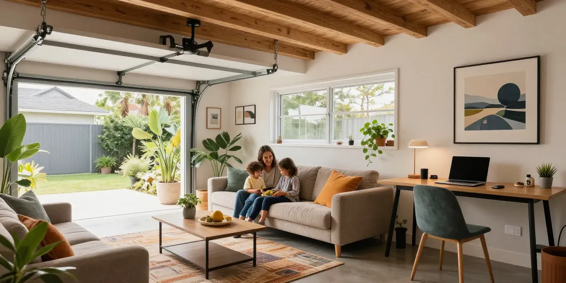 Garage conversions transforming a garage into a stylish living space with natural light and cozy decor.