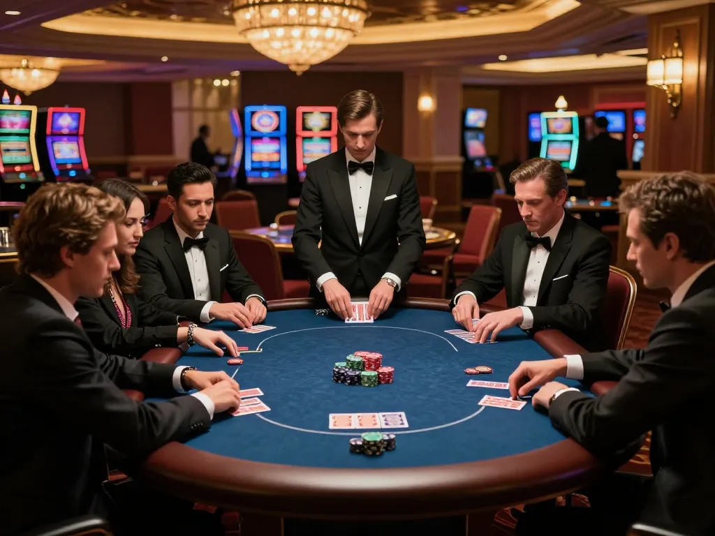68win poker players strategizing at an upscale Vegas casino table