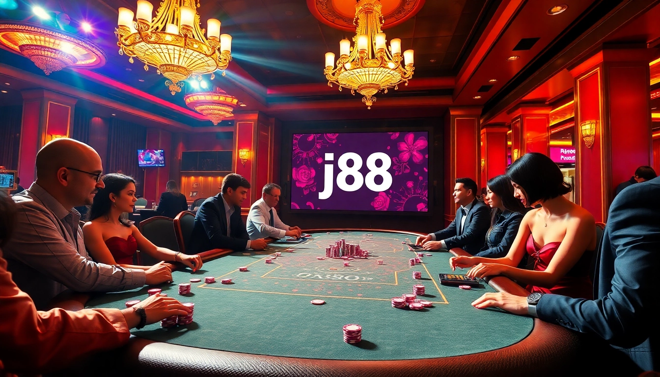 Players strategizing at an upscale poker table in a lively j88 casino scene.