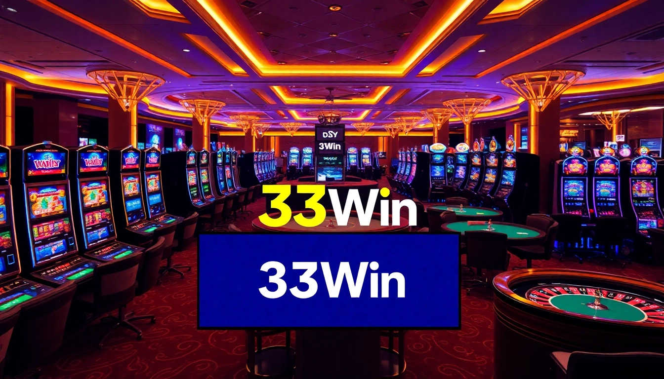 Engaged gamblers enjoying the excitement of 33Win casino games with vibrant slot machines and poker tables.