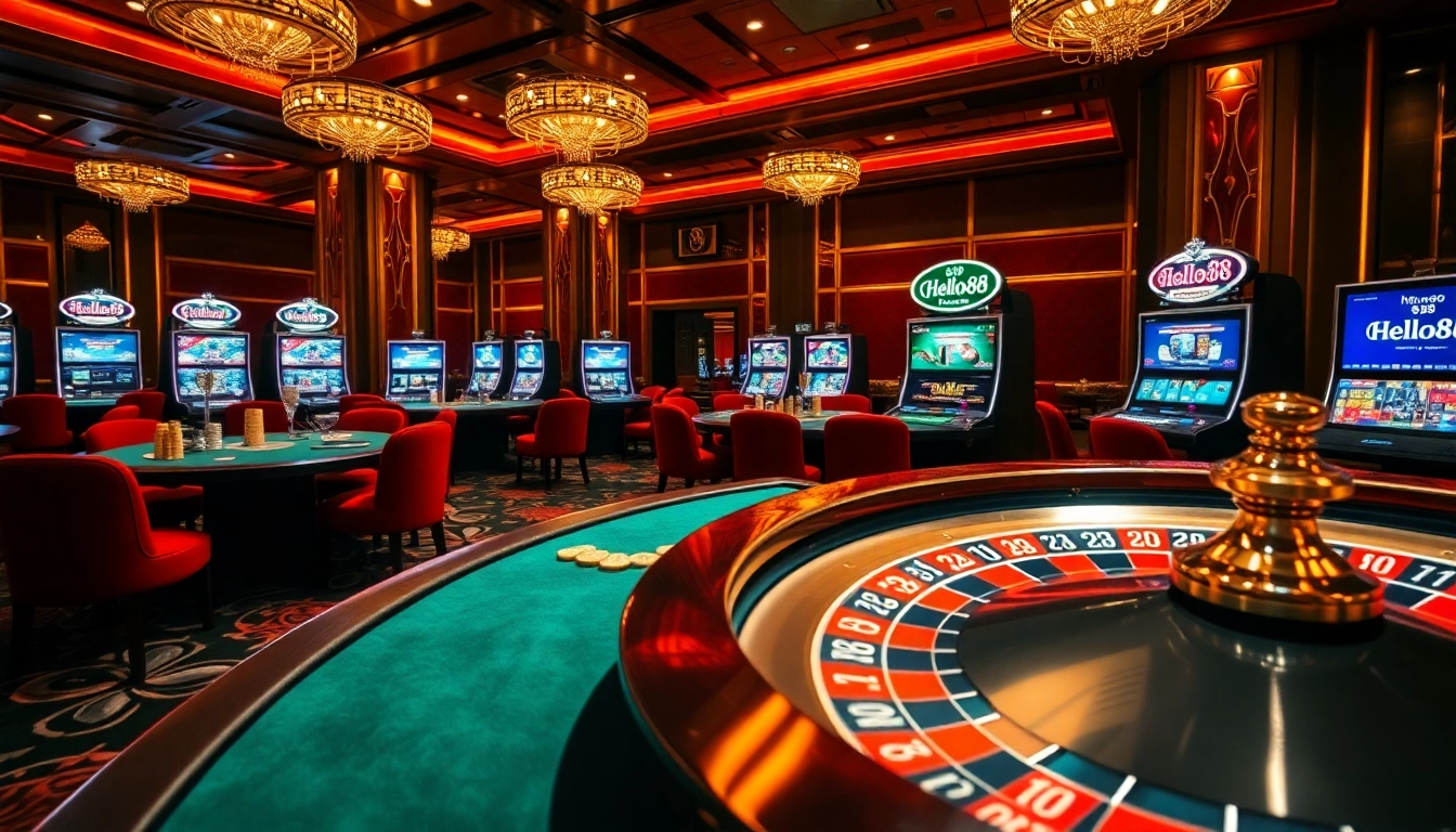Hello88 presents an exciting virtual casino scene featuring poker tables, vibrant slot machines, and a roulette wheel.