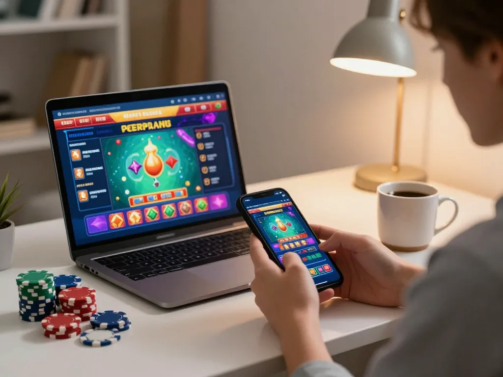 Twin68 mobile gaming scene showing an engaging online casino experience with smartphone and poker chips.