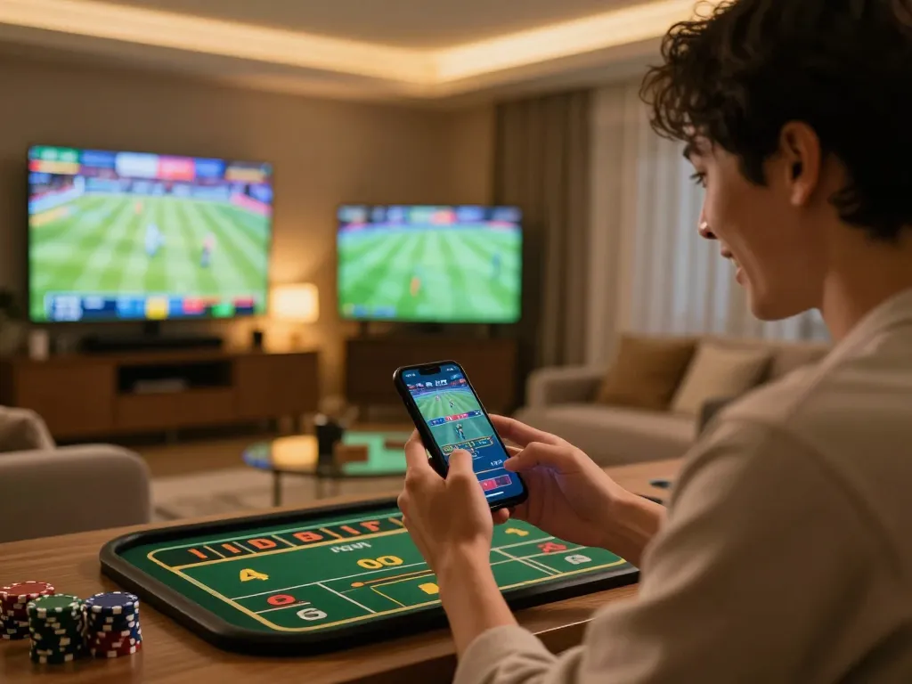 123B user placing bets on a mobile app while enjoying a cozy home atmosphere