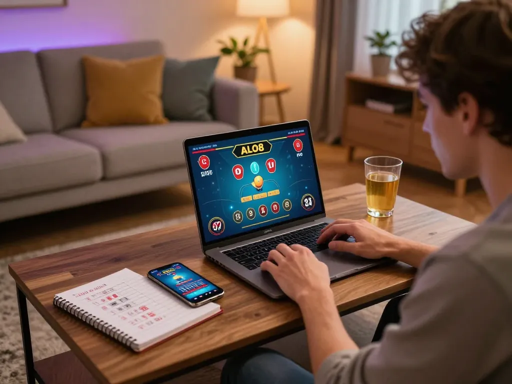 Player engaged with live dealer baccarat on ALO8's platform in a cozy home setting.