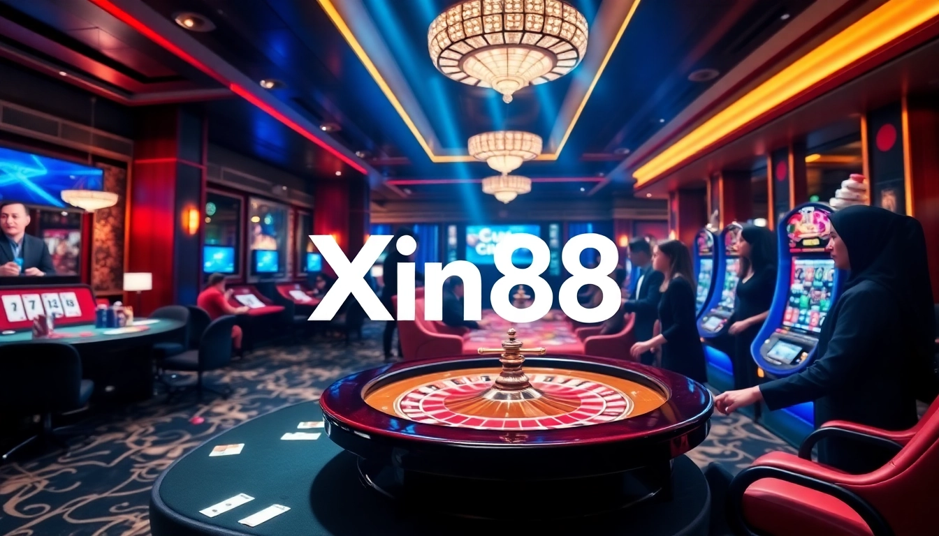 Engaging casino experience with Xin88 logo, showcasing players at modern gaming tables.
