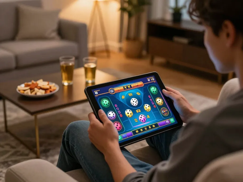 Engaging in tài xỉu online gaming on a tablet in a cozy living room.