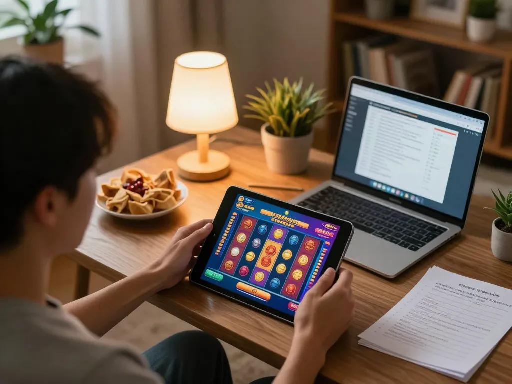 Người chơi Sunwin tận hưởng trò chơi slot trực tuyến tại nhà, thể hiện một không gian gaming ấm cúng và bầu không khí thú vị.