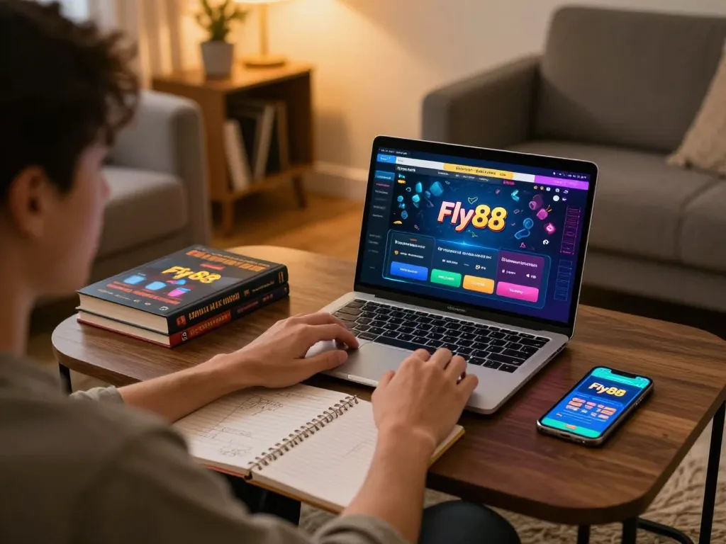 Player enjoying exciting fly88 online gaming experience at home with strategy notes and cozy ambiance