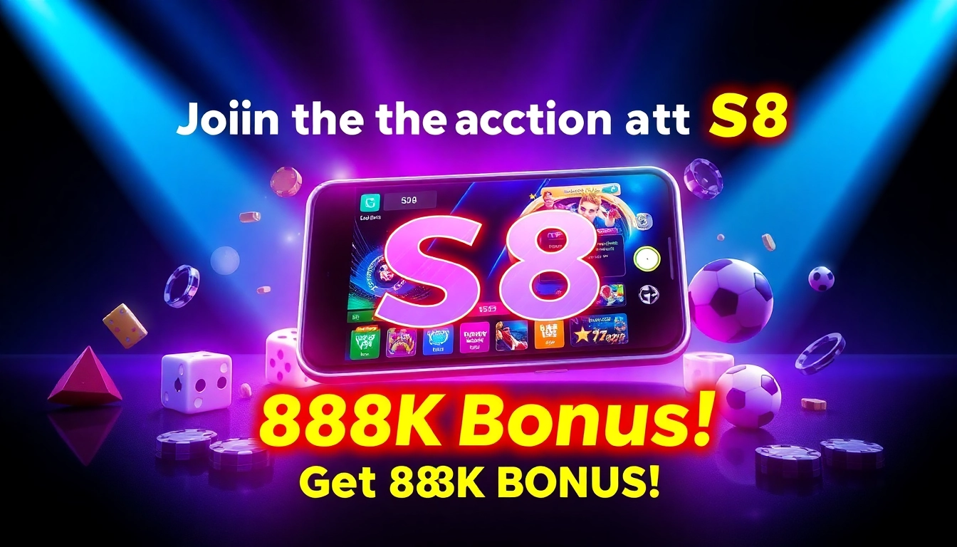 S8 mobile gaming app on smartphone showcasing vibrant games with a 888K bonus offer.