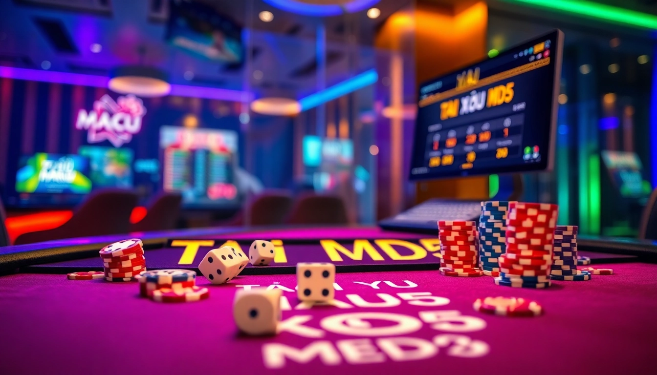 Tài Xỉu MD5 gaming experience with casino table, chips, and rolling dice