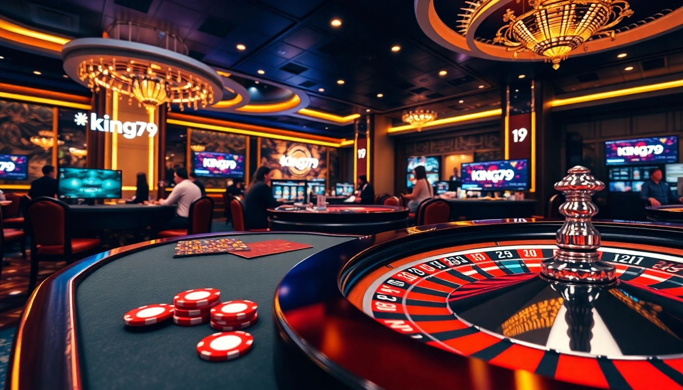 Exciting gaming scene at King79 casino featuring poker chips and roulette wheel.