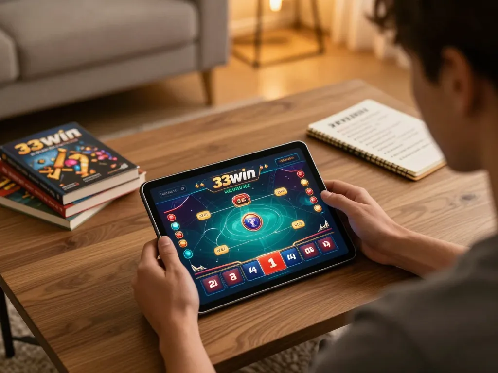 Engaging with 33win mobile casino app on a tablet in a cozy home setting, showcasing dynamic gameplay.