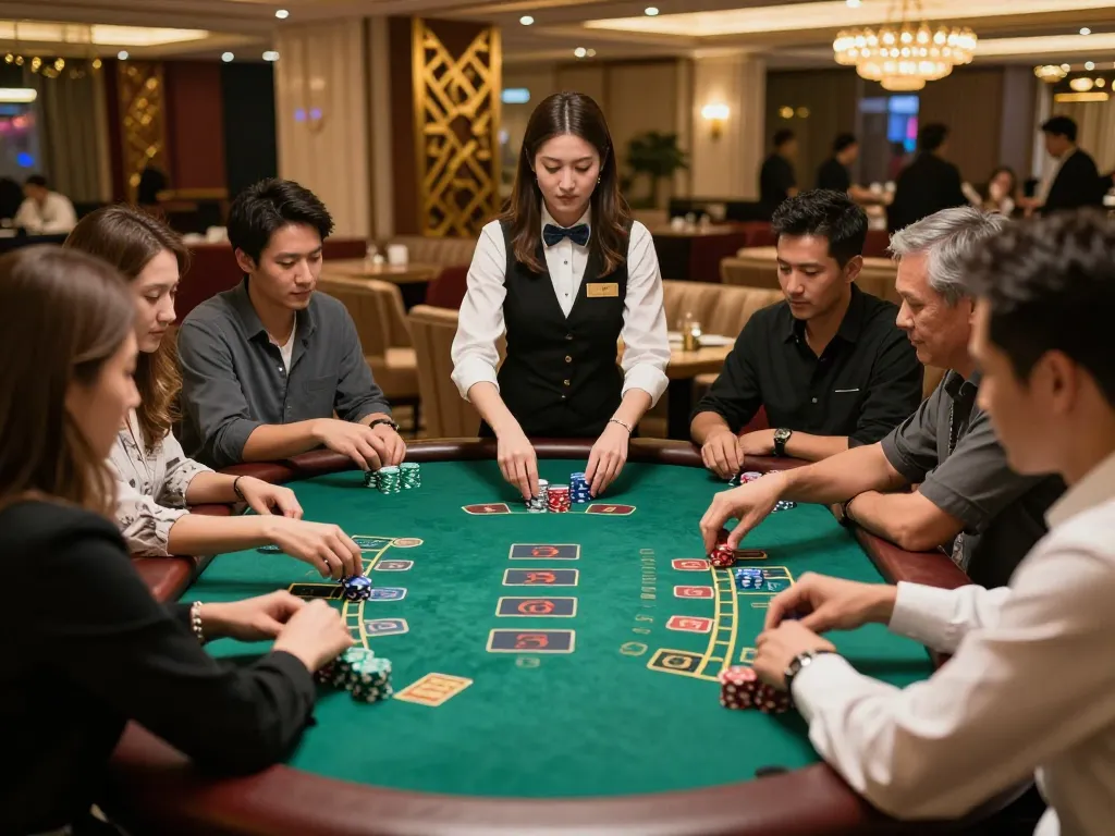 Players engaging in strategic bets at 99ok blackjack table in a luxurious casino ambiance.