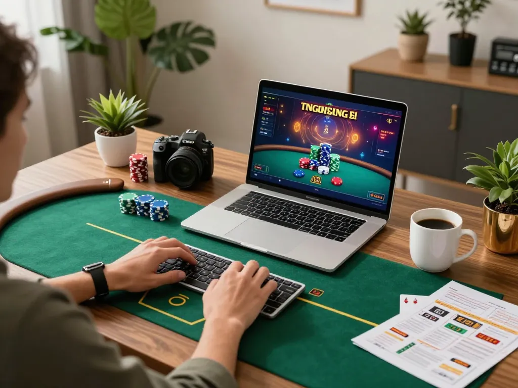 C168 player strategizing poker moves in a modern home office during online gaming session.