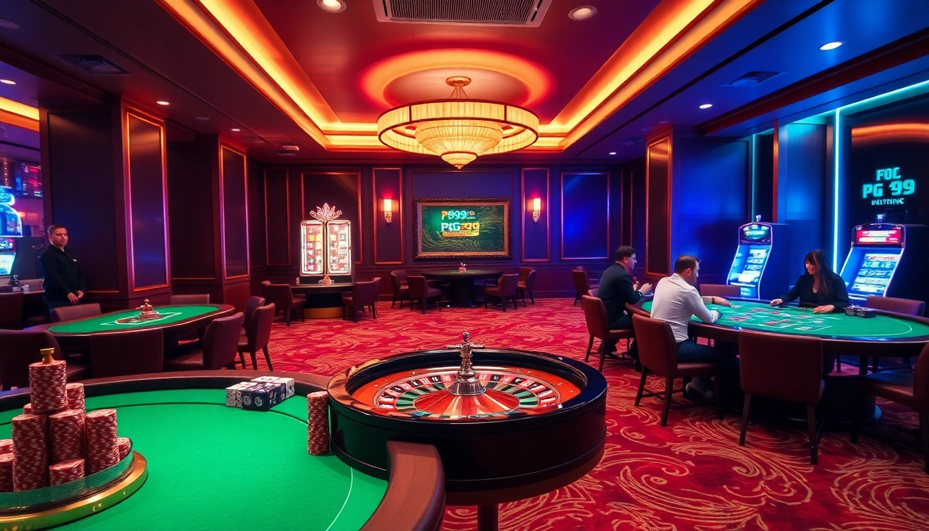 Players enjoying a thrilling game at PG99 casino, surrounded by vibrant tables and luxury atmosphere.