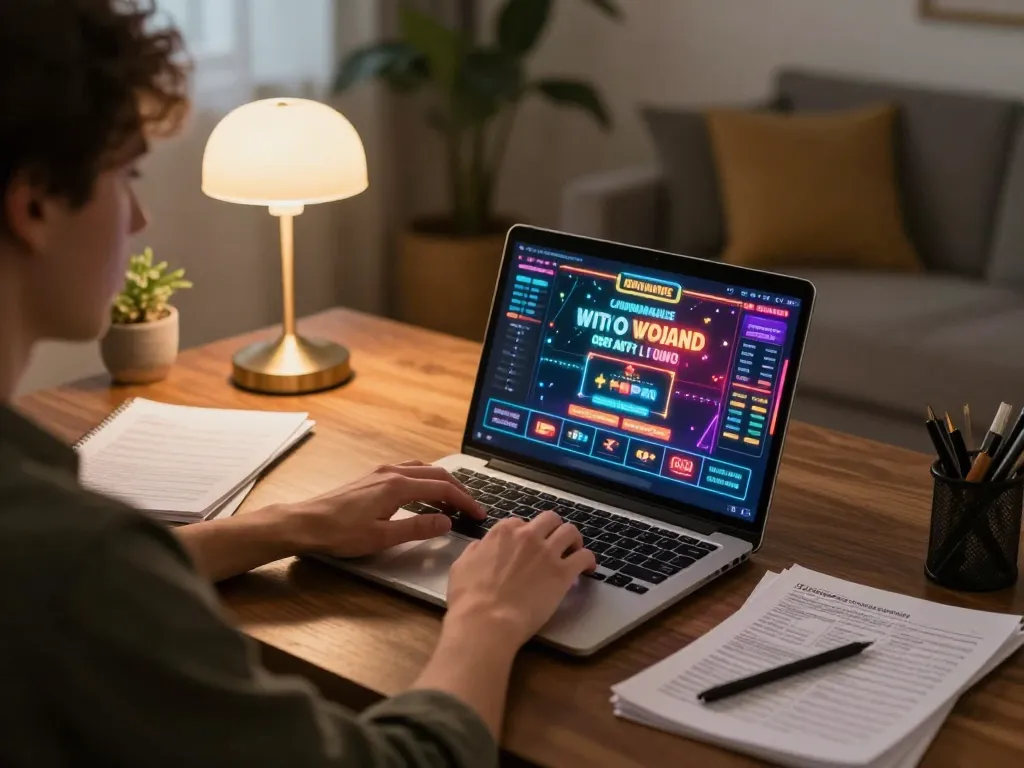 Player exploring Link Xo88 chính thức during an online casino game session at home, emphasized by gaming strategies and warm ambience