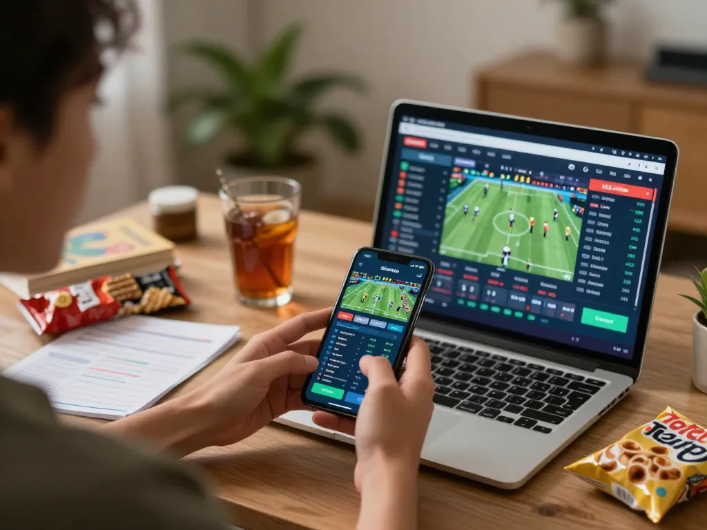 Kèo nhà cái displayed on smartphone during sports betting session at home, showcasing live game odds.