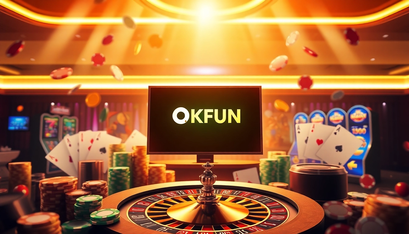 Exciting gaming scene featuring nhà cái OKFUN with poker chips, slot machines, and roulette wheels.