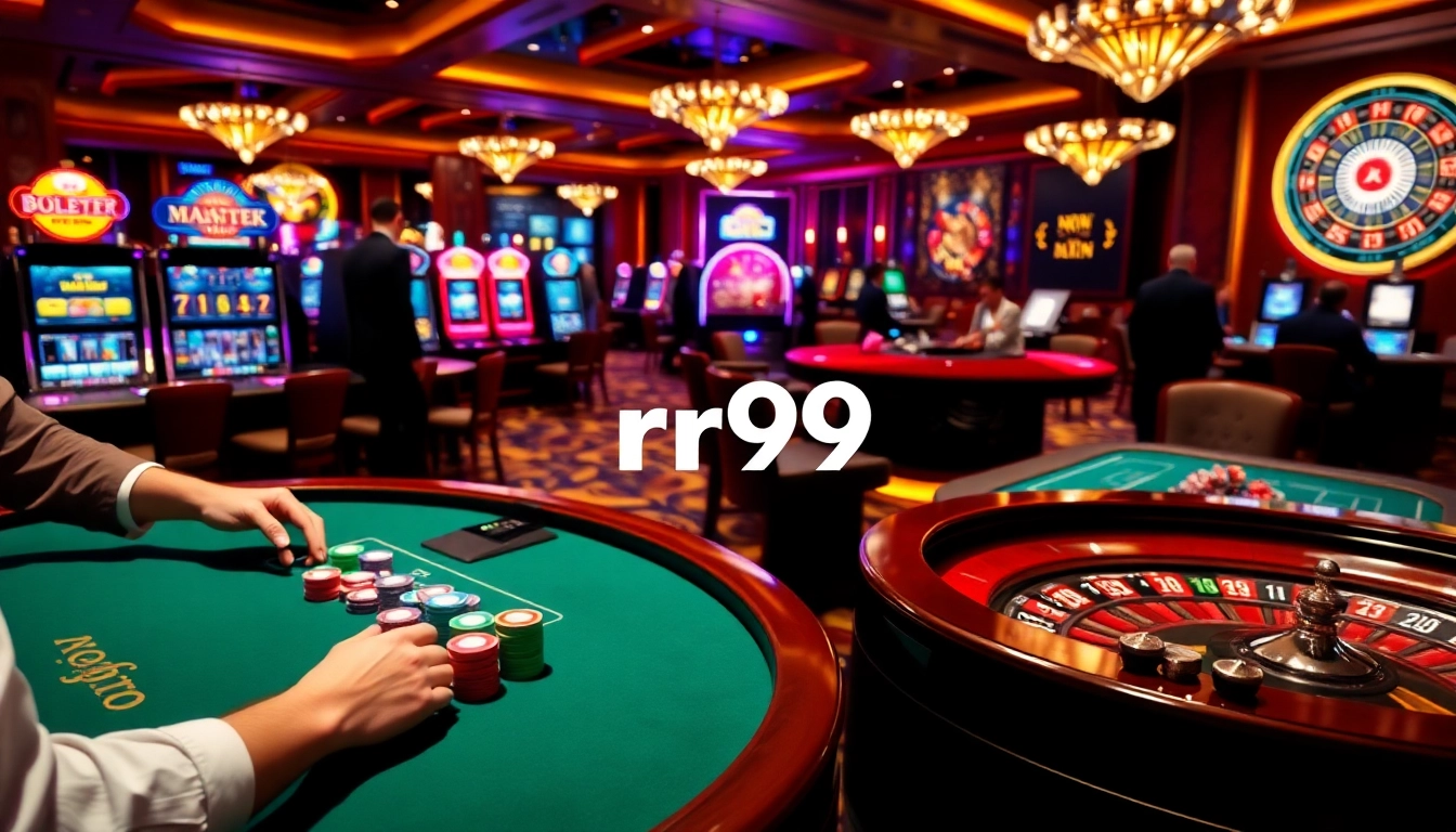 Engage in thrilling casino action at RR99 with vibrant tables and slot machines.