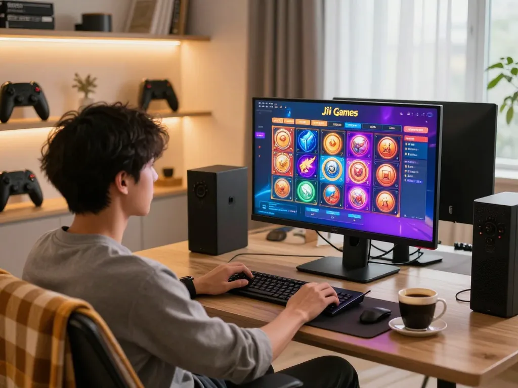 Engage with Jili games in a cozy home gaming setup, featuring colorful slot interface on screen.
