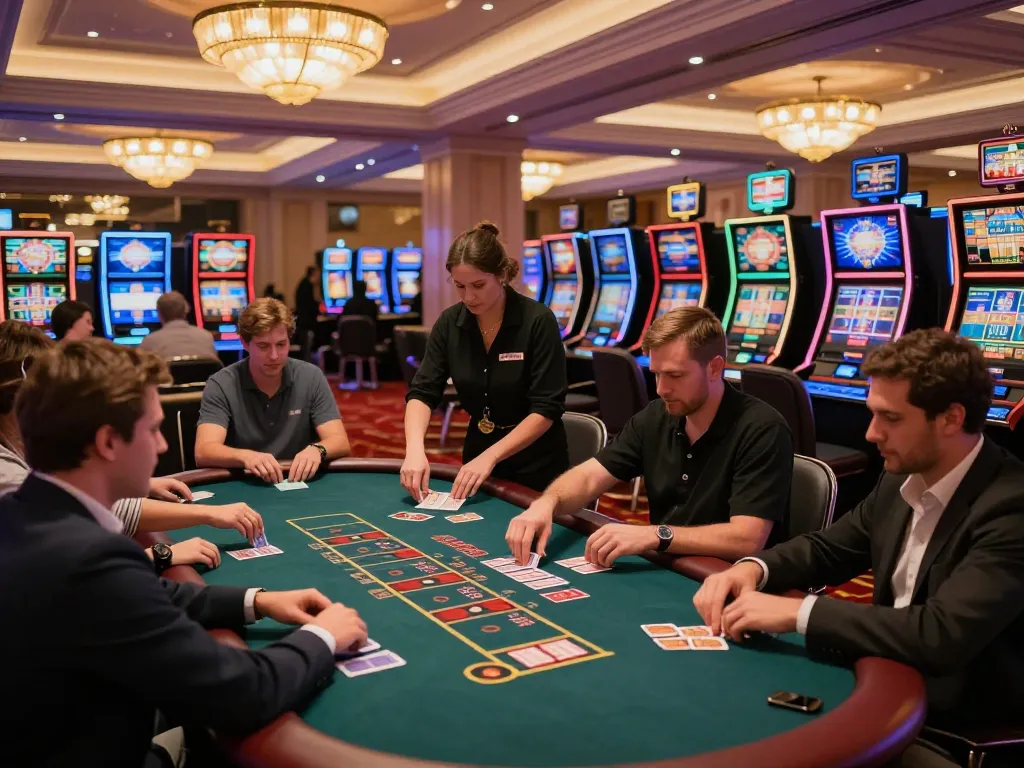 88vv players engaged in thrilling action at a high-end casino blackjack table, vibrant ambiance.