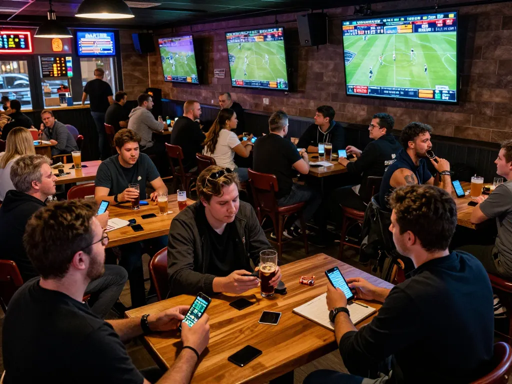Engaged bettors analyzing kèo nhà cái at a vibrant sports bar during live events