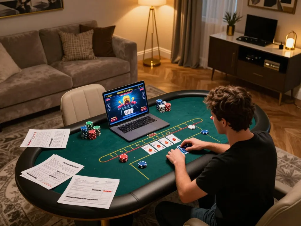 Engaging in an online poker game at home on LODE88, showcasing immersive gameplay and strategic notes.