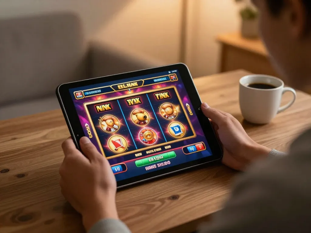 Player enjoying exciting slot games on God55 tablet at home, showcasing engaging gaming experience.