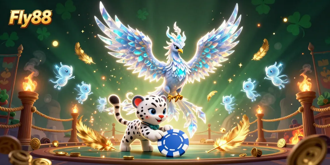 Engage with Fly88's thrilling casino atmosphere featuring an ice phoenix and vibrant characters