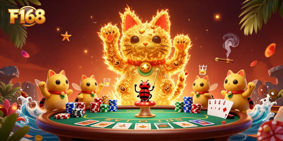 Experience luck and excitement at F168 with vibrant casino symbols and fun gaming elements.