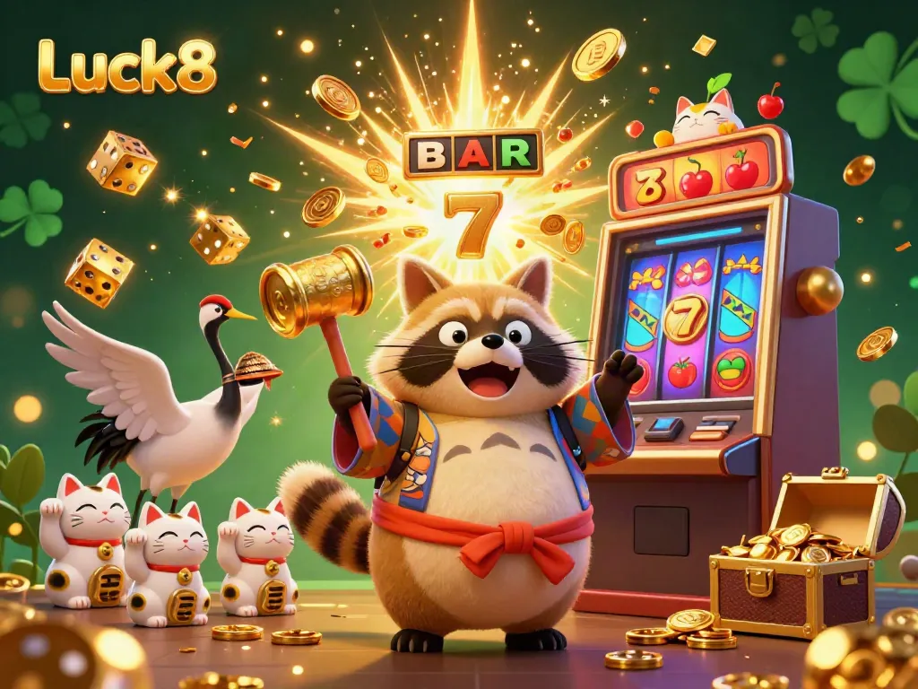 Experience the Luck8 thrill with a cheerful tanuki and vibrant casino elements, showcasing festive gaming excitement.